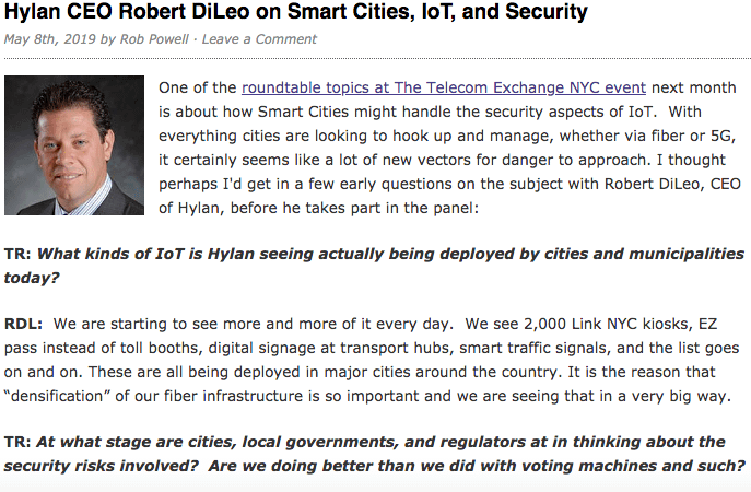 Hylan CEO Talks to Telecom Ramblings About Smart Cities, IoT and Security